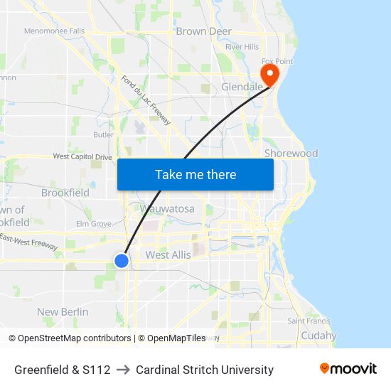 Greenfield & S112 to Cardinal Stritch University map