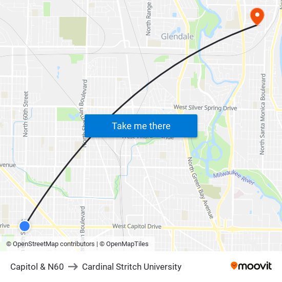 Capitol & N60 to Cardinal Stritch University map