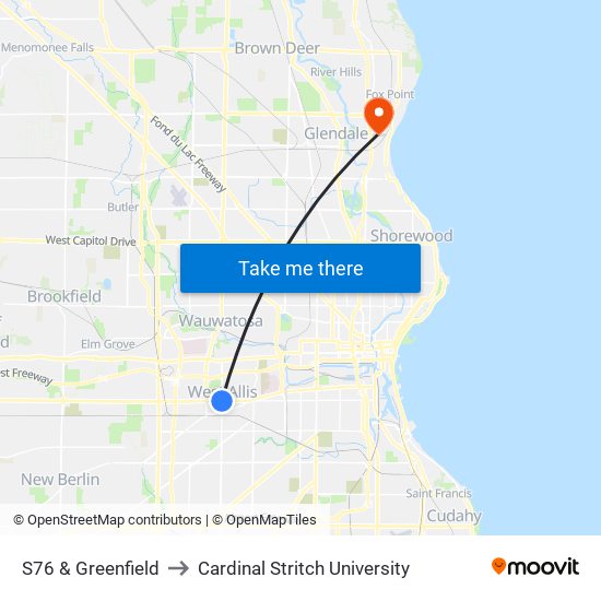 S76 & Greenfield to Cardinal Stritch University map