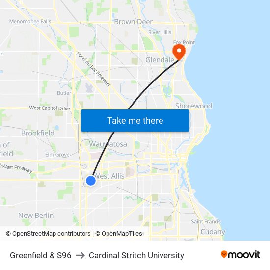 Greenfield & S96 to Cardinal Stritch University map