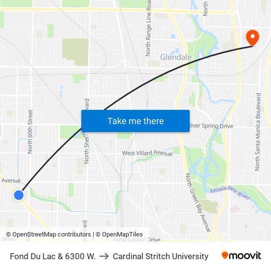 Fond Du Lac & 6300 W. to Cardinal Stritch University map