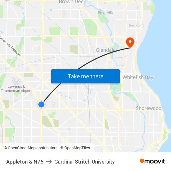 Appleton & N76 to Cardinal Stritch University map