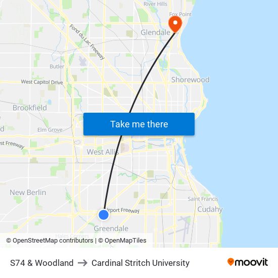 S74 & Woodland to Cardinal Stritch University map