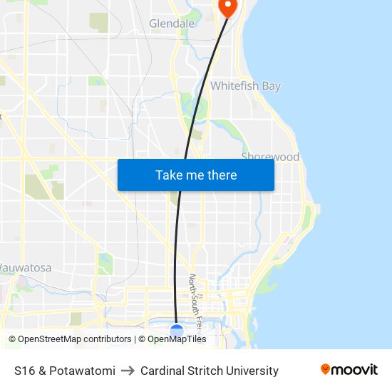 S16 & Potawatomi to Cardinal Stritch University map