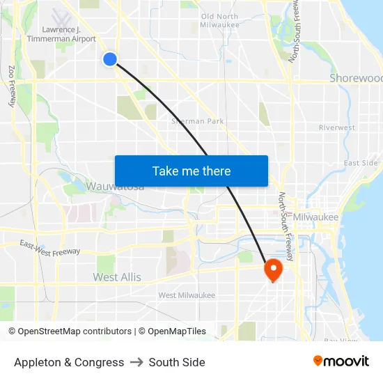 Appleton & Congress to South Side map