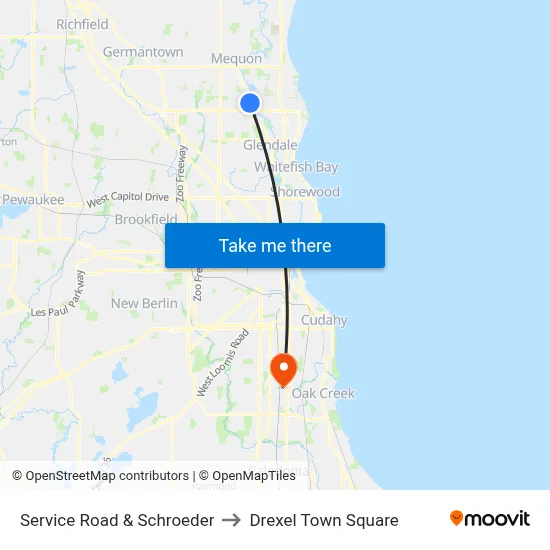 Service Road & Schroeder to Drexel Town Square map