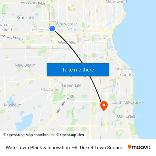 Watertown Plank & Innovation to Drexel Town Square map