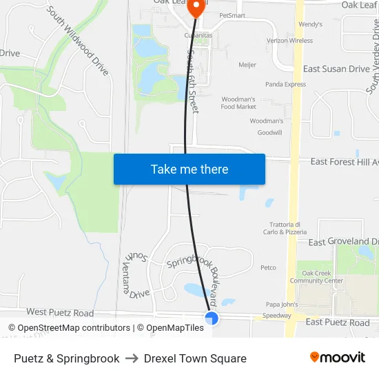 Puetz & Springbrook to Drexel Town Square map