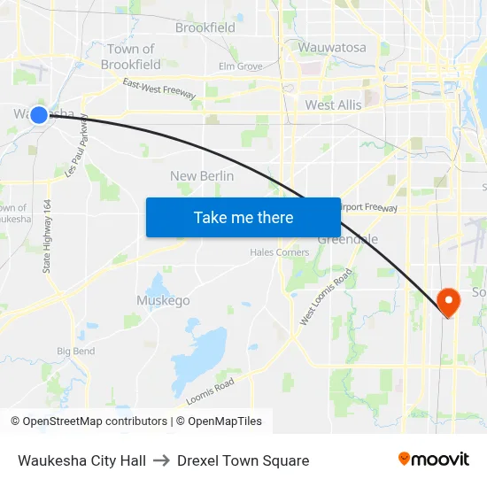 Waukesha City Hall to Drexel Town Square map