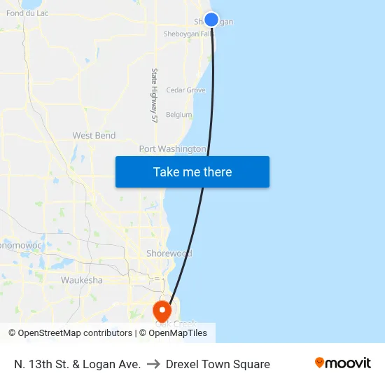 N. 13th St. & Logan Ave. to Drexel Town Square map