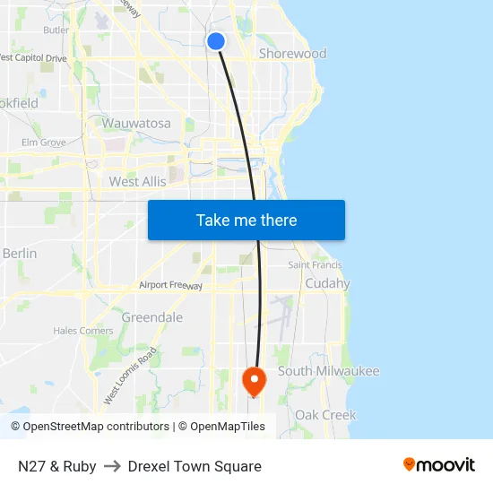 N27 & Ruby to Drexel Town Square map
