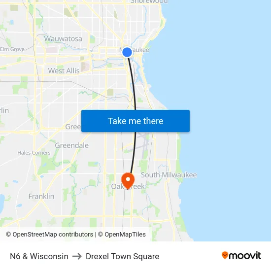 N6 & Wisconsin to Drexel Town Square map