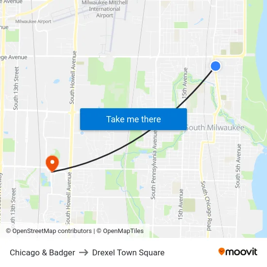 Chicago & Badger to Drexel Town Square map