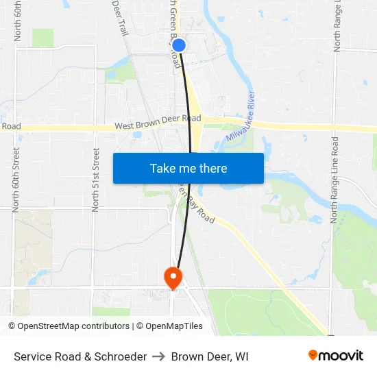Service Road & Schroeder to Brown Deer, WI map