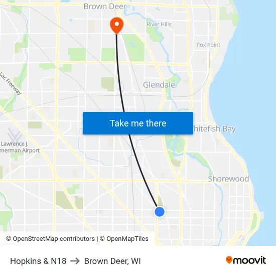 Hopkins & N18 to Brown Deer, WI map