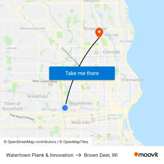 Watertown Plank & Innovation to Brown Deer, WI map