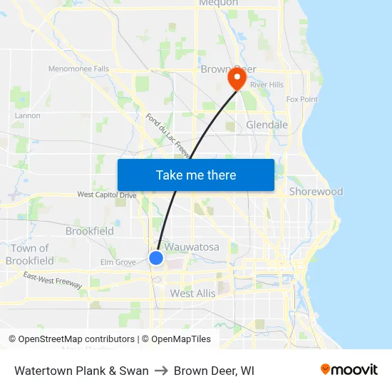 Watertown Plank & Swan to Brown Deer, WI map