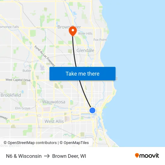 N6 & Wisconsin to Brown Deer, WI map