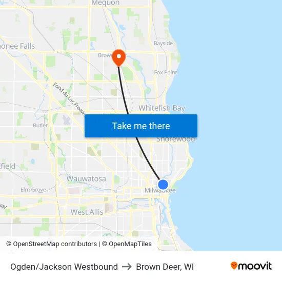 Ogden/Jackson Westbound to Brown Deer, WI map