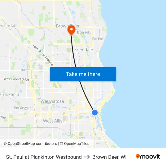 St. Paul at Plankinton Westbound to Brown Deer, WI map
