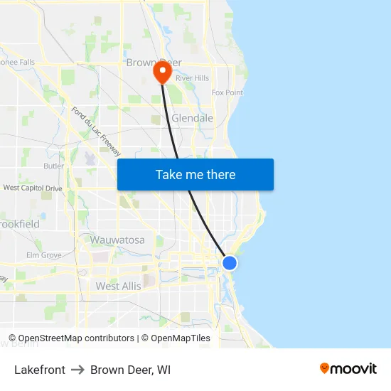Lakefront to Brown Deer, WI map