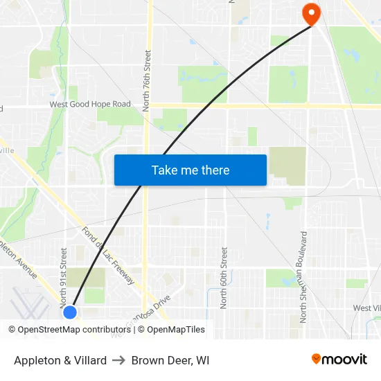 Appleton & Villard to Brown Deer, WI map