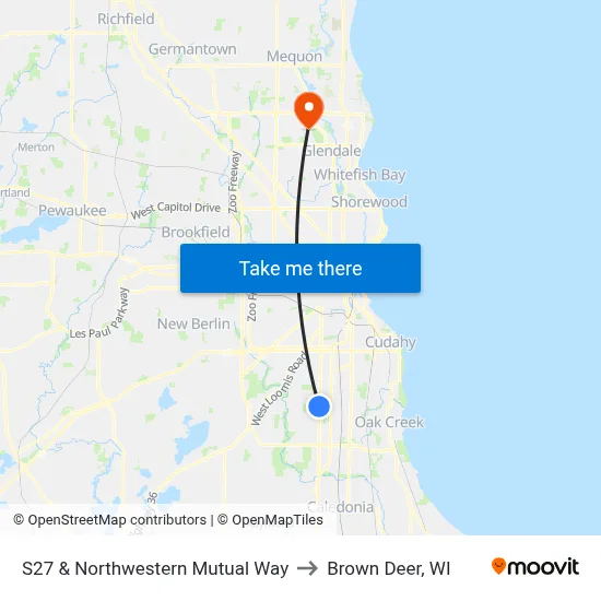S27 & Northwestern Mutual Way to Brown Deer, WI map