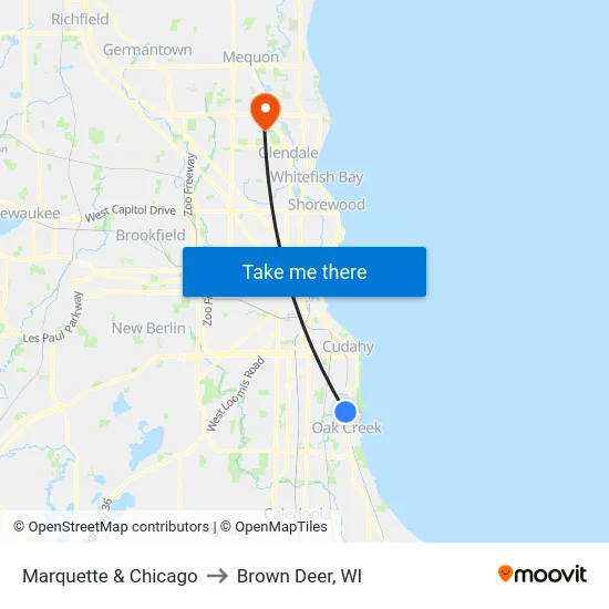 Marquette & Chicago to Brown Deer, WI map