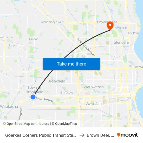 Goerkes Corners Public Transit Station to Brown Deer, WI map
