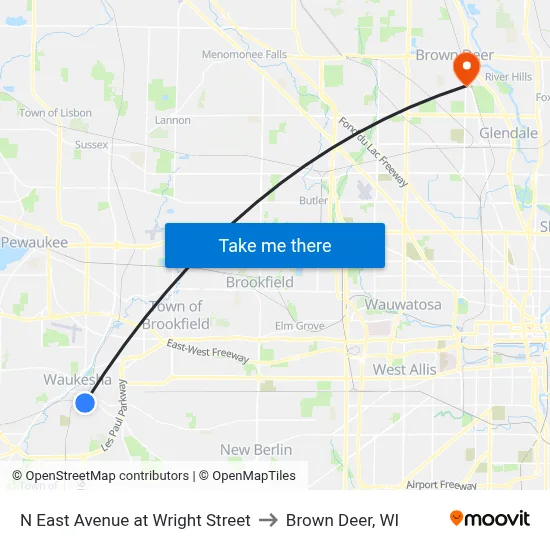 N East Avenue at Wright Street to Brown Deer, WI map