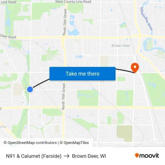 N91 & Calumet (Farside) to Brown Deer, WI map