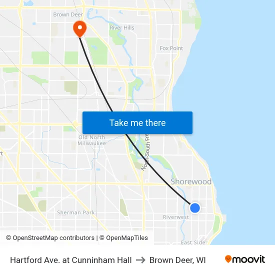 Hartford Ave. at Cunninham Hall to Brown Deer, WI map
