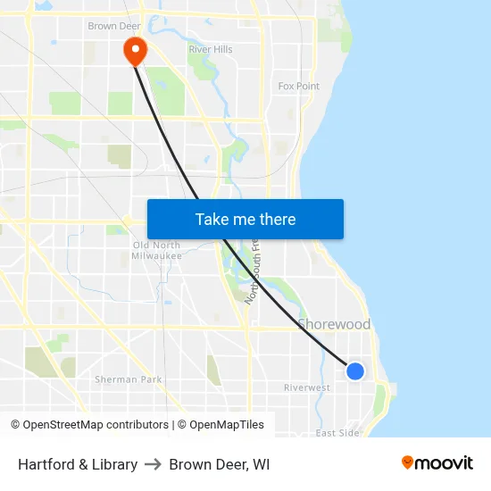 Hartford & Library to Brown Deer, WI map