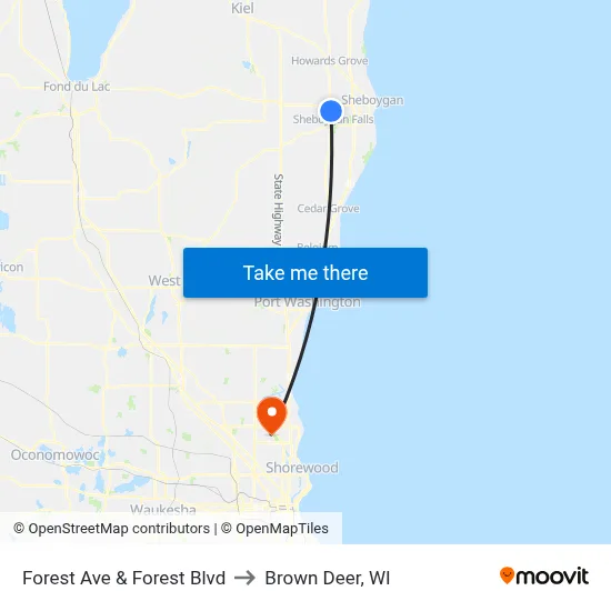 Forest Ave & Forest Blvd to Brown Deer, WI map