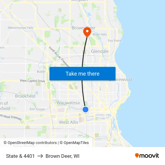 State & 4401 to Brown Deer, WI map