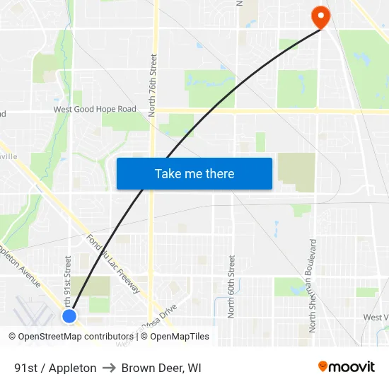 91st / Appleton to Brown Deer, WI map