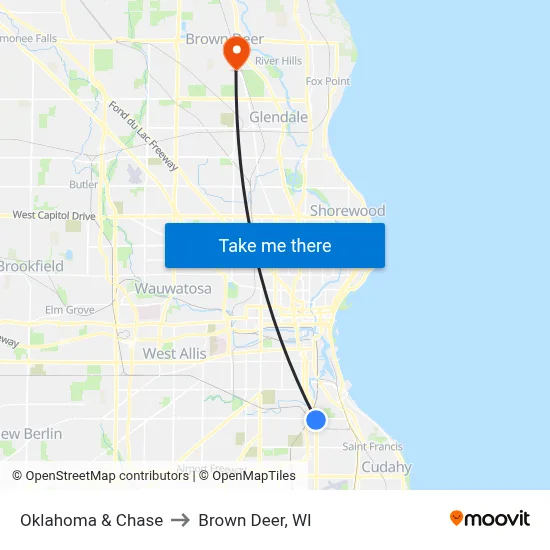 Oklahoma & Chase to Brown Deer, WI map