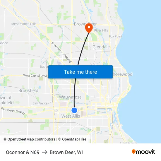 Oconnor & N69 to Brown Deer, WI map