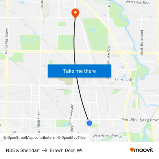 N35 & Sheridan to Brown Deer, WI map