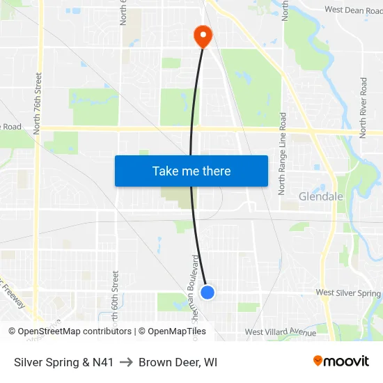 Silver Spring & N41 to Brown Deer, WI map