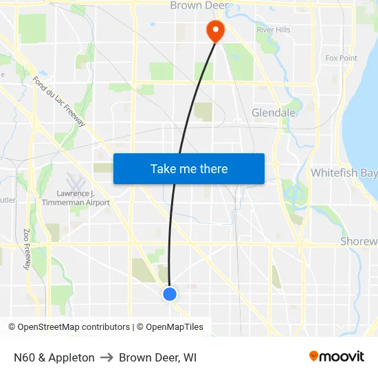 N60 & Appleton to Brown Deer, WI map
