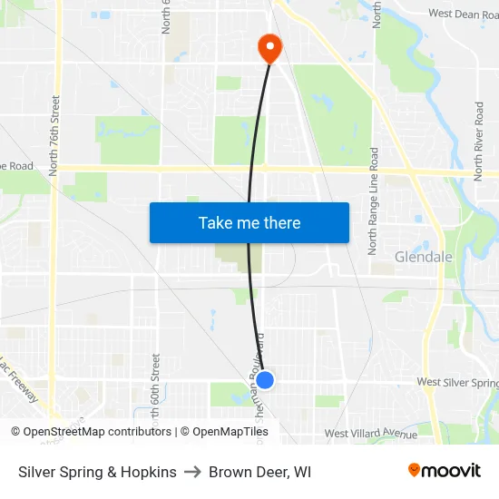 Silver Spring & Hopkins to Brown Deer, WI map