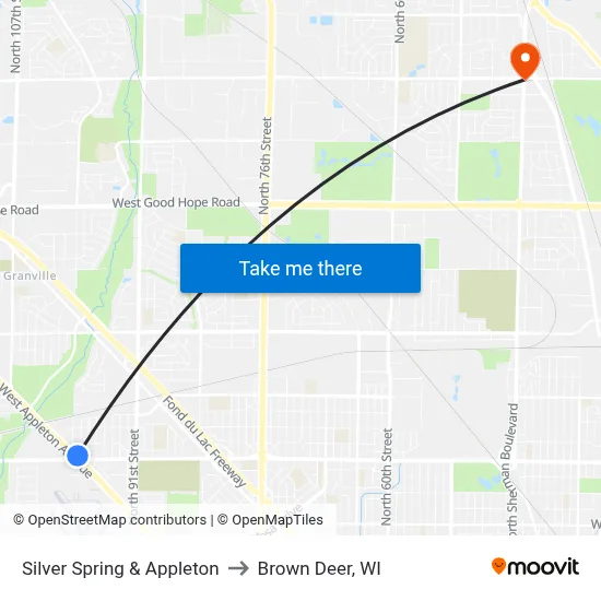 Silver Spring & Appleton to Brown Deer, WI map
