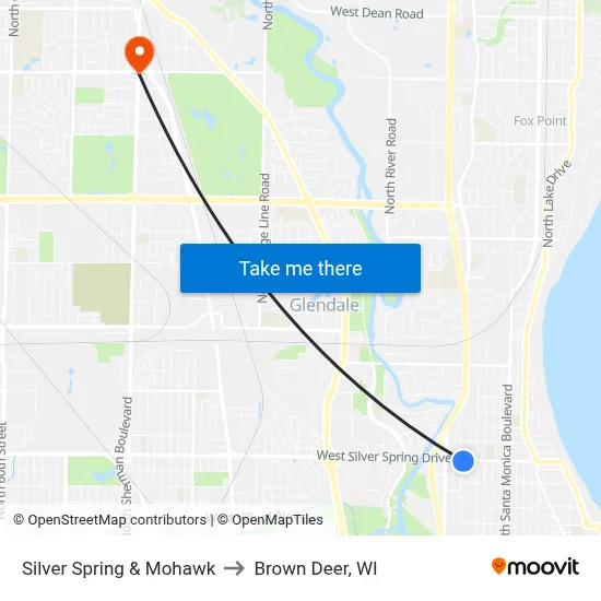 Silver Spring & Mohawk to Brown Deer, WI map