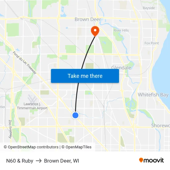 N60 & Ruby to Brown Deer, WI map
