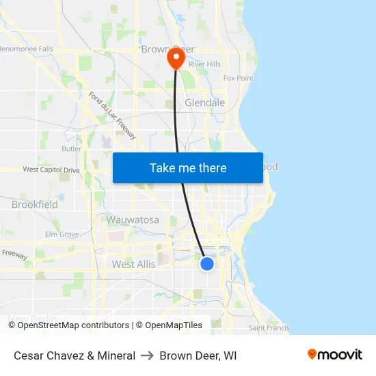 Cesar Chavez & Mineral to Brown Deer, WI map