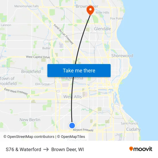 S76 & Waterford to Brown Deer, WI map