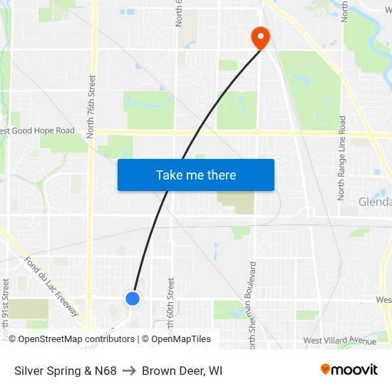 Silver Spring & N68 to Brown Deer, WI map
