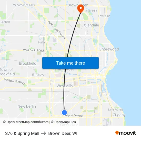 S76 & Spring Mall to Brown Deer, WI map
