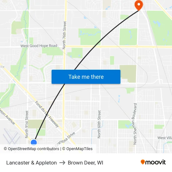 Lancaster & Appleton to Brown Deer, WI map
